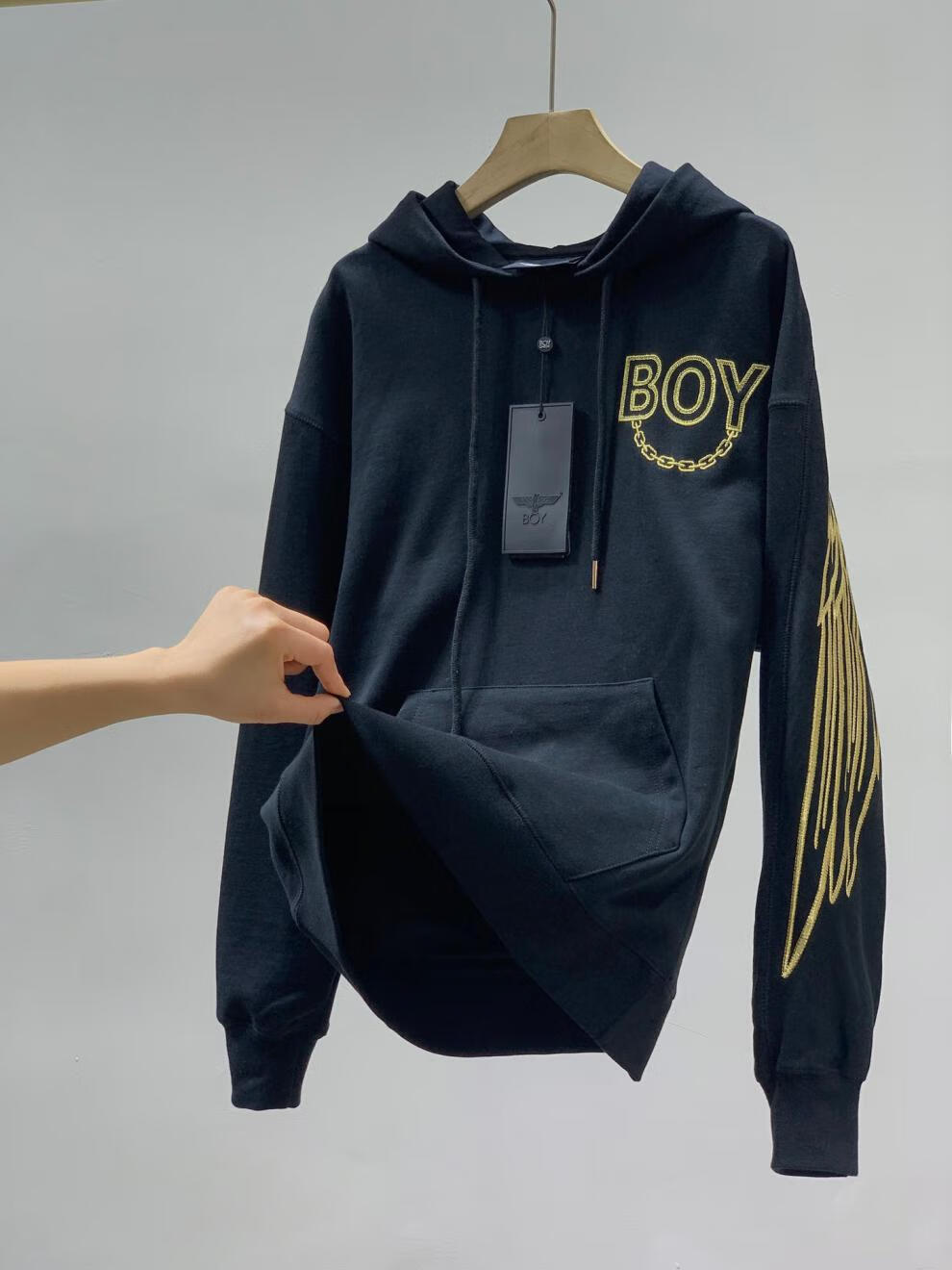 春节促boy重工刺绣翅膀卫衣套头圆领棉时尚黑色刺绣连帽卫衣boy以酷奇