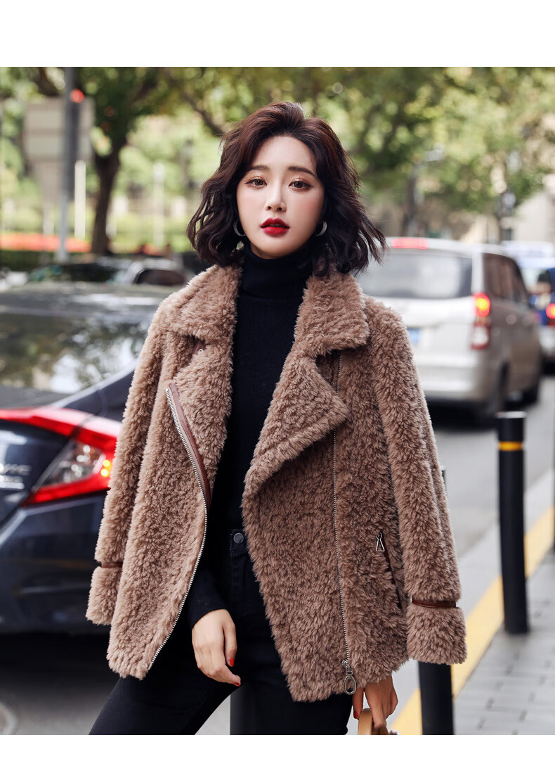 逗兔 皮毛一体羊羔毛外套女2020新款时尚韩版羊剪绒颗粒短大衣 卡其色
