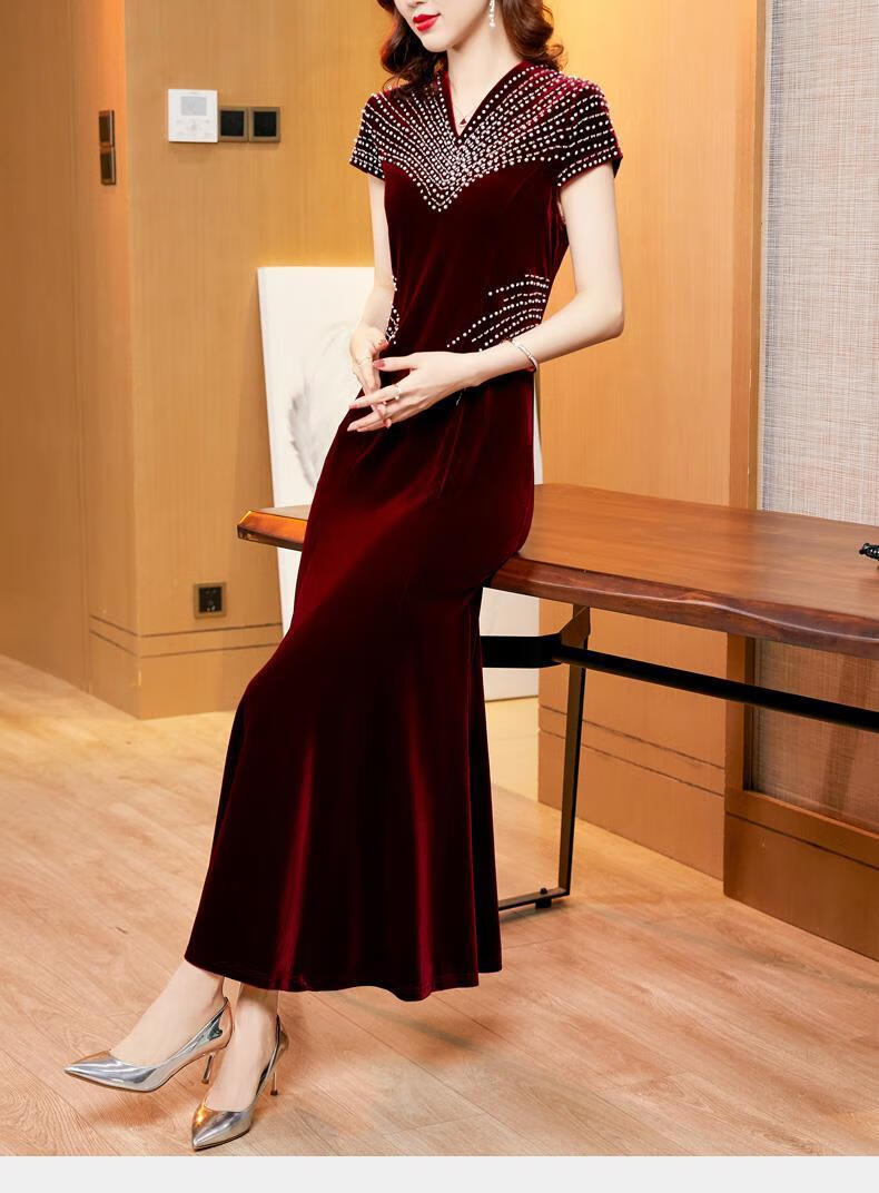 agxp高端金丝绒改良旗袍鱼尾裙礼服女高级质感奢华名媛主持人高订晚装