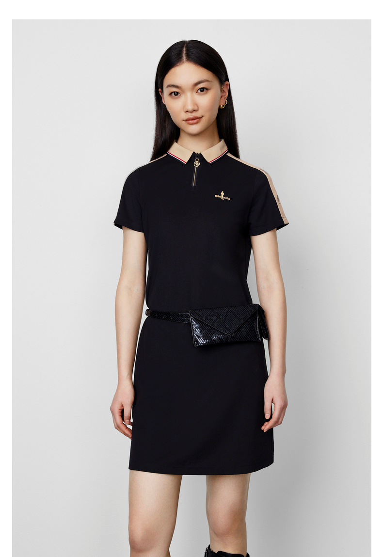 比音勒芬2022春夏新品女士连衣裙polo领时尚商务舒适短袖中长裙07黑色