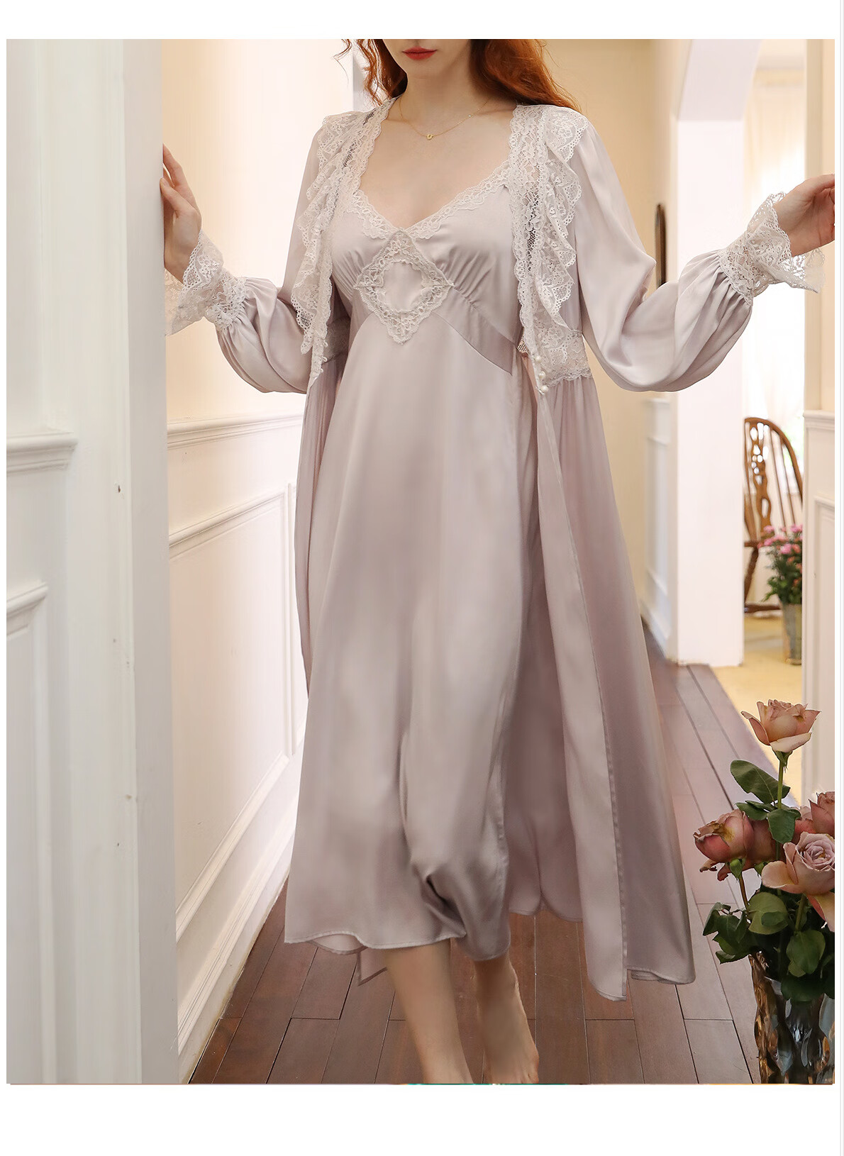 花花贵妇睡衣春秋款女长款过膝冰丝蕾丝法式高级感蕾丝性感吊带睡裙两
