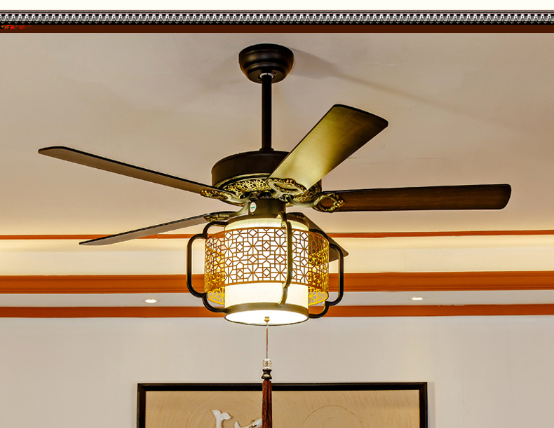 大厅中式复古餐厅吊扇灯客厅仿古led电风扇灯木叶52寸铁叶带风扇吊灯