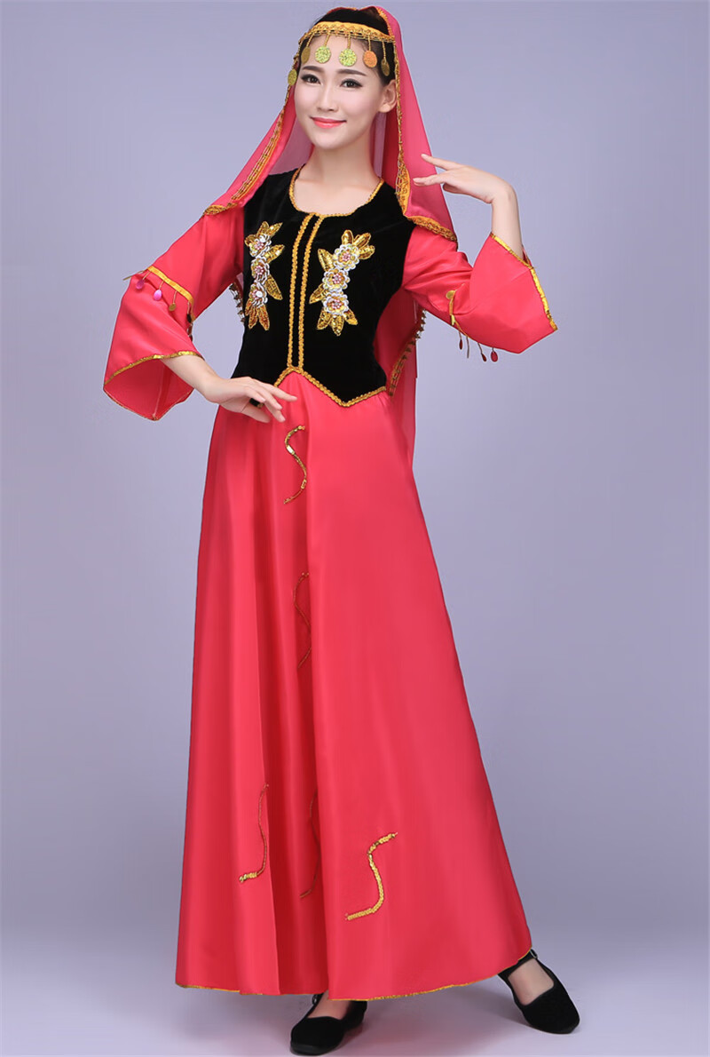 新疆舞蹈女装维族大裙摆维吾尔族服饰少数民族服装aa579l红色头纱款