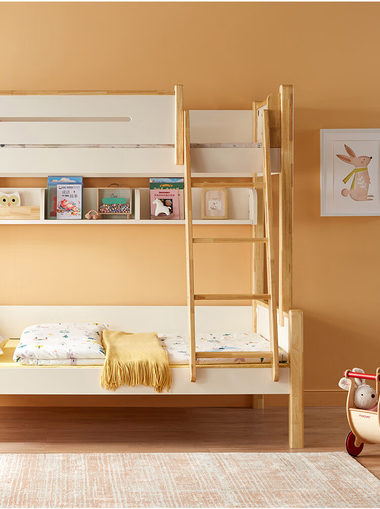 林氏木业kids白色双层床两层上下床高低床储物梯柜多功能儿童房lh020