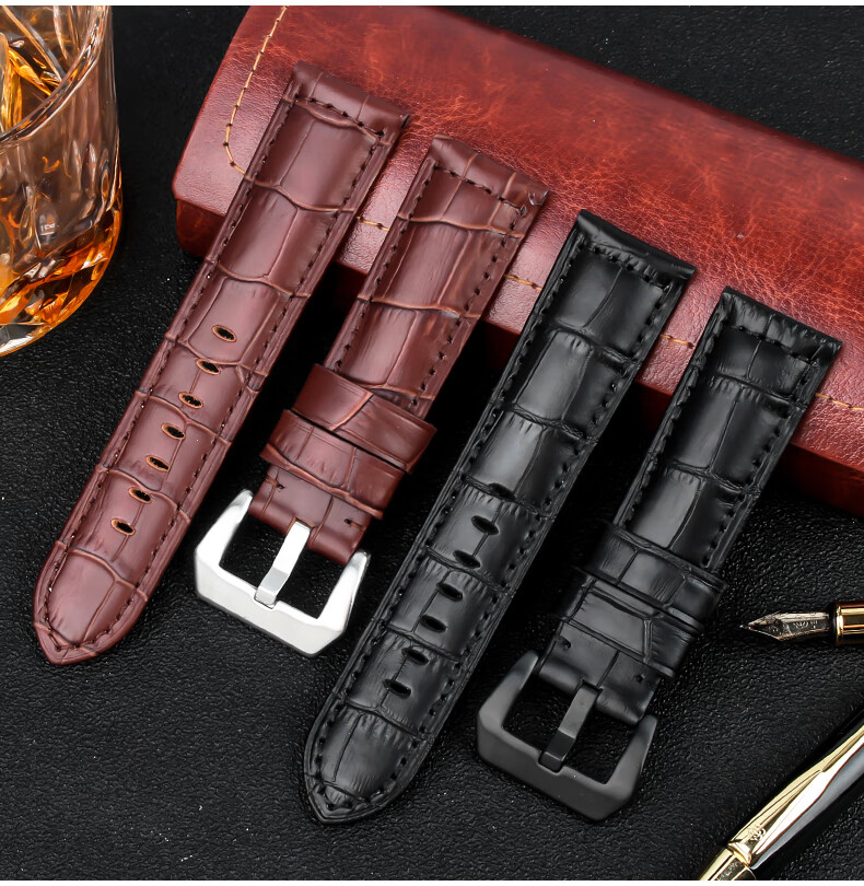 适配沛纳海表带pam441 438 111鳄纹加长真皮小牛皮表带 疯马皮22 24