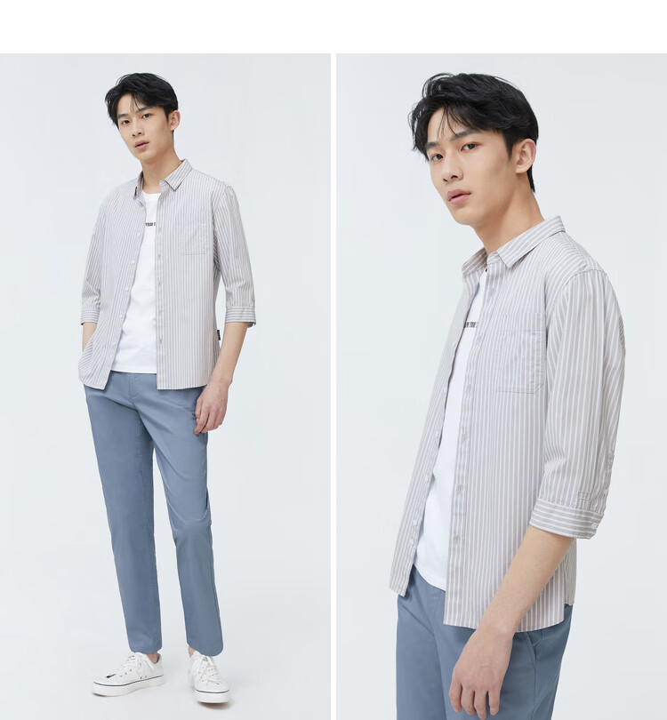 门店发货森马中袖衬衫男复古文艺2022夏季新款纯棉男生条纹上衣衣多穿