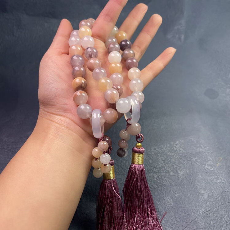 芙芬天-然青白玉手串蚕丝玉猫眼十八子手持流苏金丝玉紫罗兰玉石手链