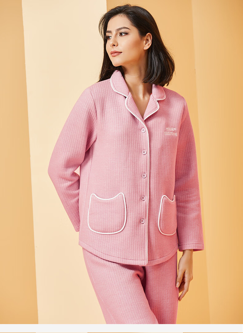 仕乐情侣夹棉家居服套装加厚保暖家居服两件套简约全棉宽松开衫休闲