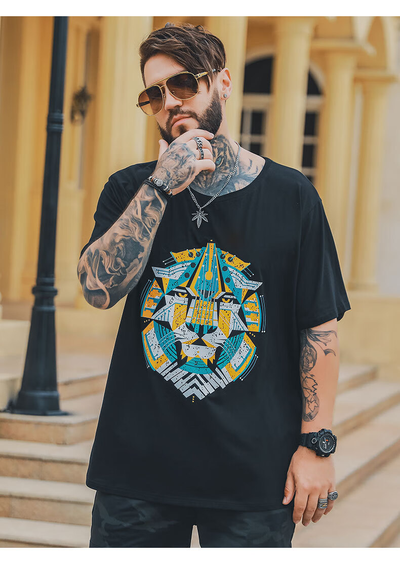 cxz大码男士短袖t恤胖子卡通印花半袖t恤创意狮子头肥佬汗衫 黑色 xl