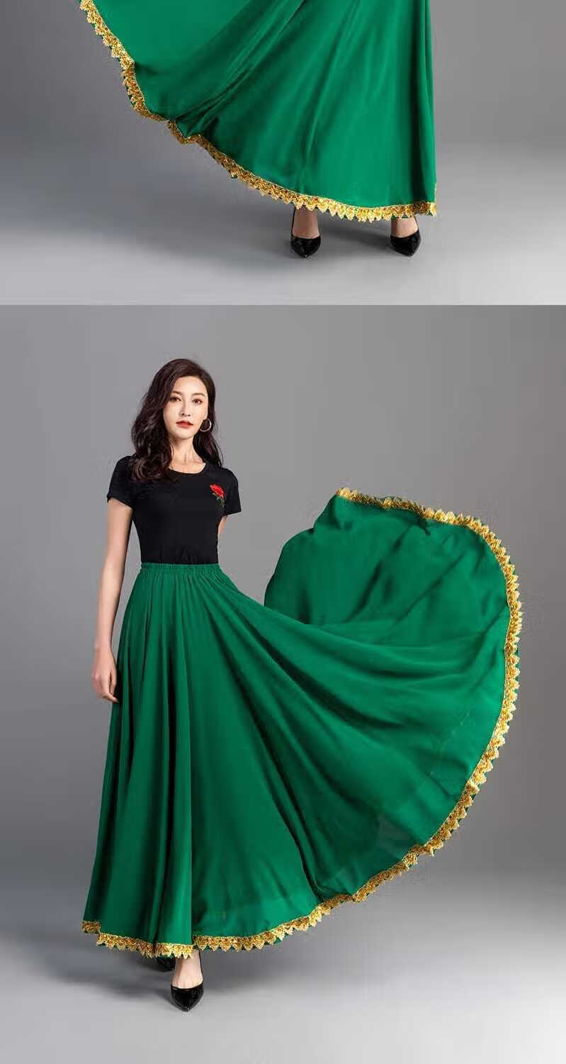 新疆舞蹈服装女720度红色花边长裙大摆裙跳舞新疆舞广场舞民族舞红色