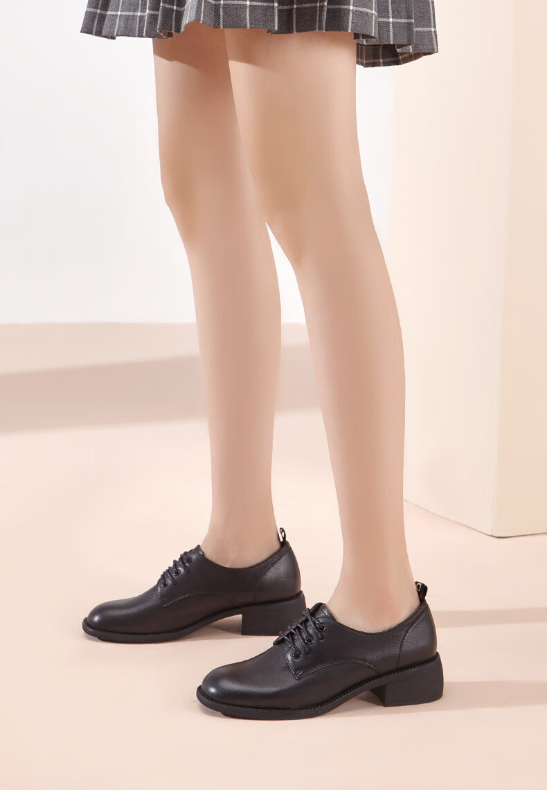 意尔康女鞋2020秋季新款女士真皮单鞋粗跟系带舒适单鞋小皮鞋62y5cd