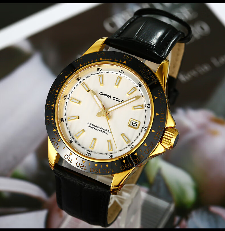 中国黄金官方店珍61如金足金牛皮表带机械男士手表腕表gwb062足金
