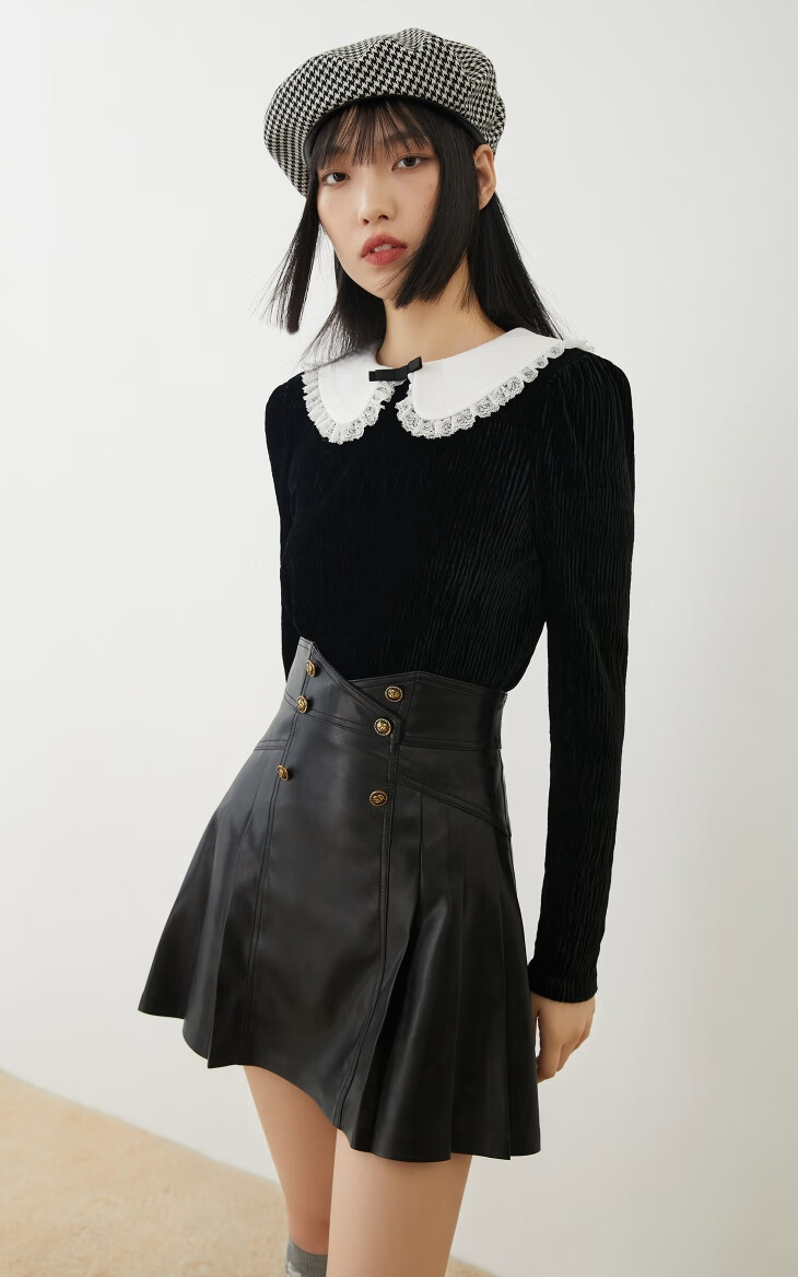 only2021冬季新款修身双排扣不规则腰头百褶半身裙女12146s008h1z黑色