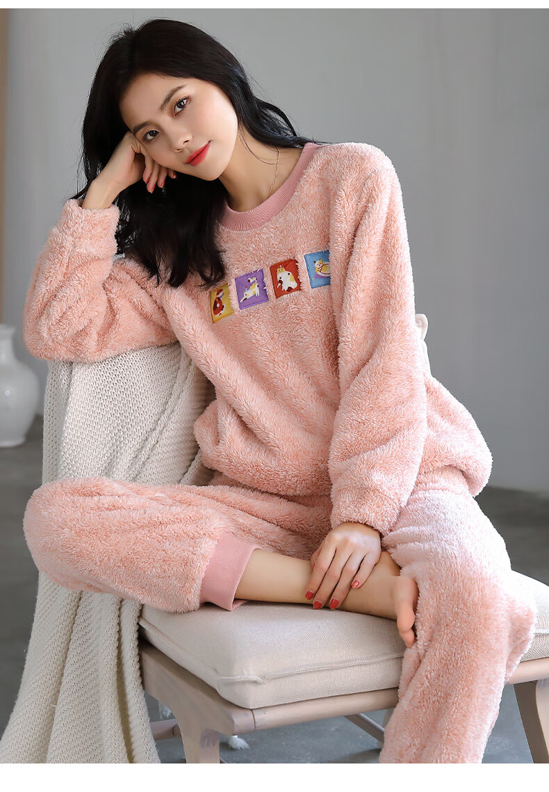 多拉美珊瑚绒睡衣女秋冬双面阳离子绒家居服加绒加厚套头保暖女式睡衣