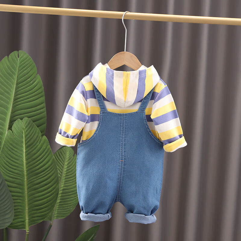 衣服分体男孩2岁女孩幼儿童13周岁牛仔连帽衫黄色背带小熊条子套装80