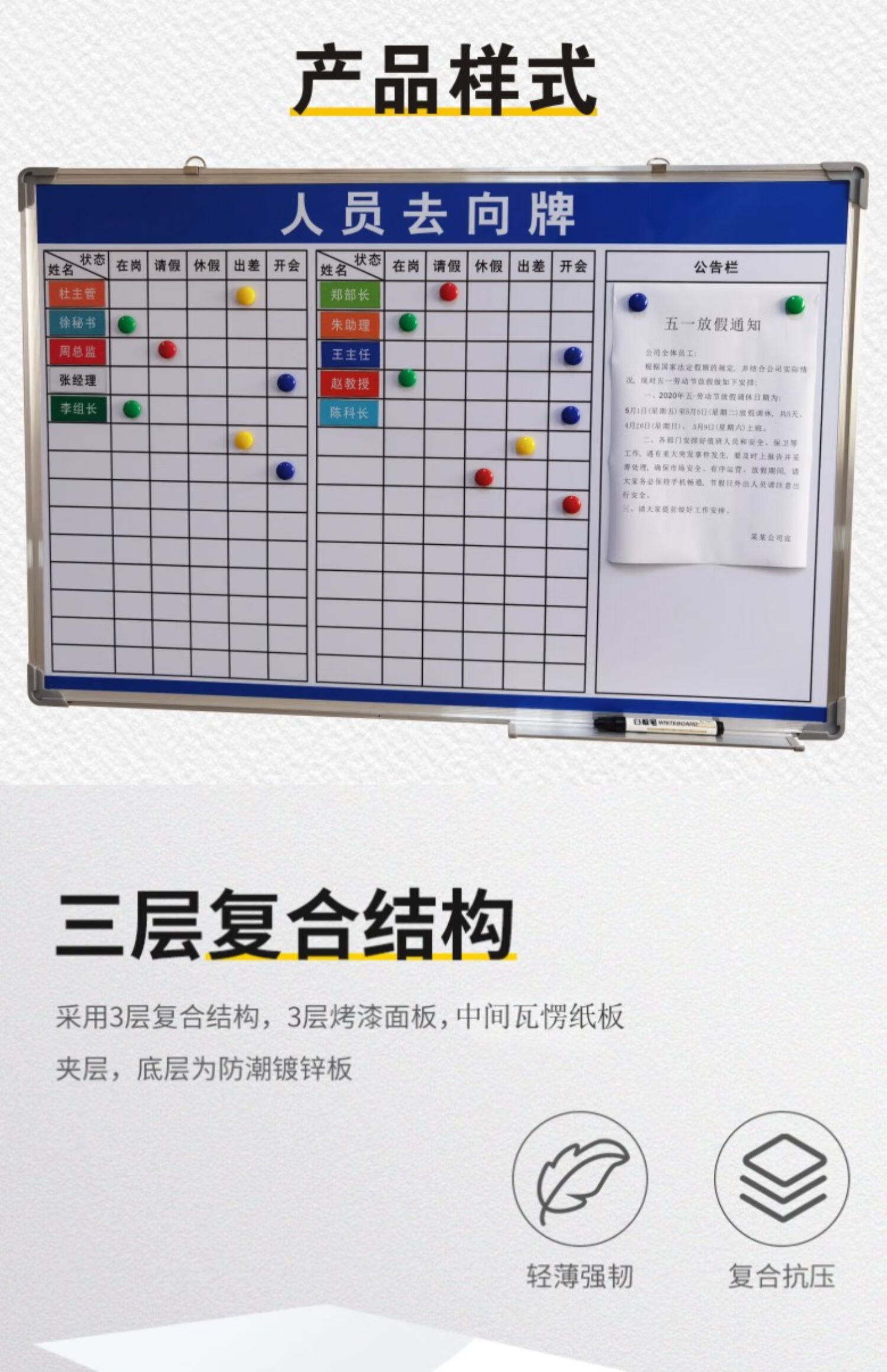 工作人员工去向公示牌磁性易擦硬白板移动办公司车间生产管理看板员工
