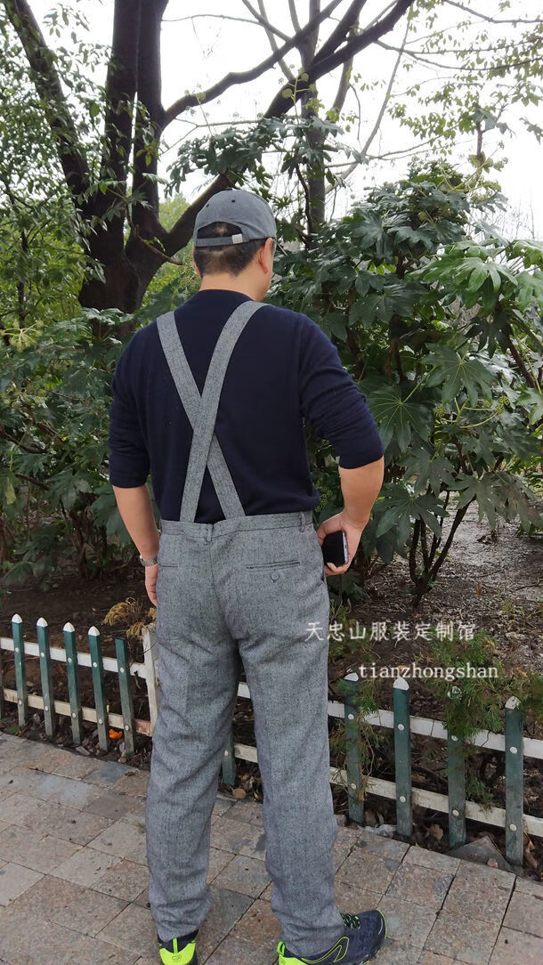 新秋中老年男士加肥加大码背带裤休闲长裤吊带人字纹花呢直筒裤 藏青