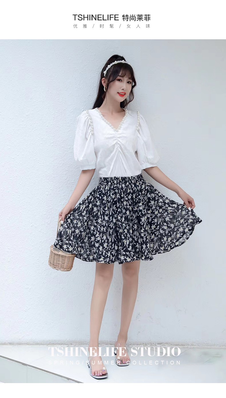 雪纺短裙女半身裙夏新款松紧高腰印花a字裙碎花百褶裙bhf2932白底花色