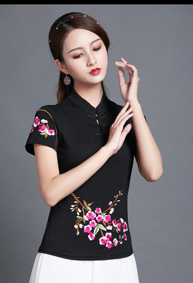 中国风上衣夏季 民族风女装立领盘扣修身短袖t恤女绣花大码打底衫 酒