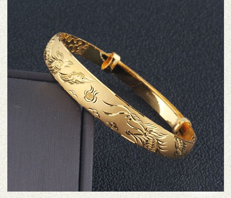 老凤凰520礼物同款足金999龙凤花纹手镯黄金结婚龙凤大气宽面蛇肚推拉