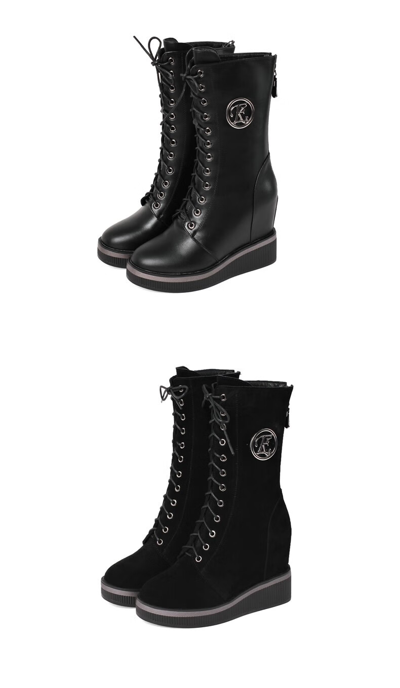 阿卡多中筒靴女内增高靴子圆头厚底坡跟马丁靴牛翻皮高跟女靴黑色牛