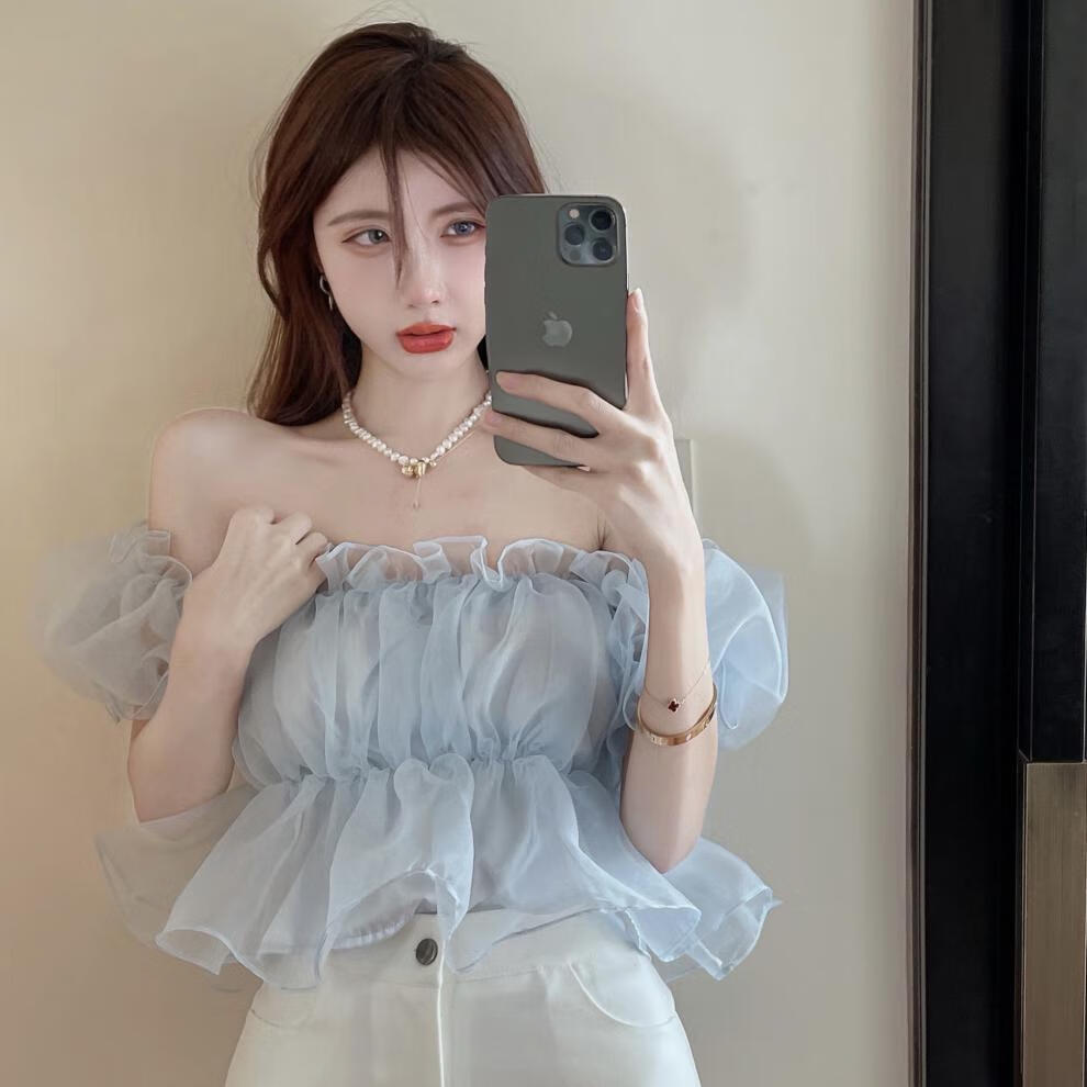 ny女装设计感小众雪纺衫女士2022夏季新款法式泡泡袖一