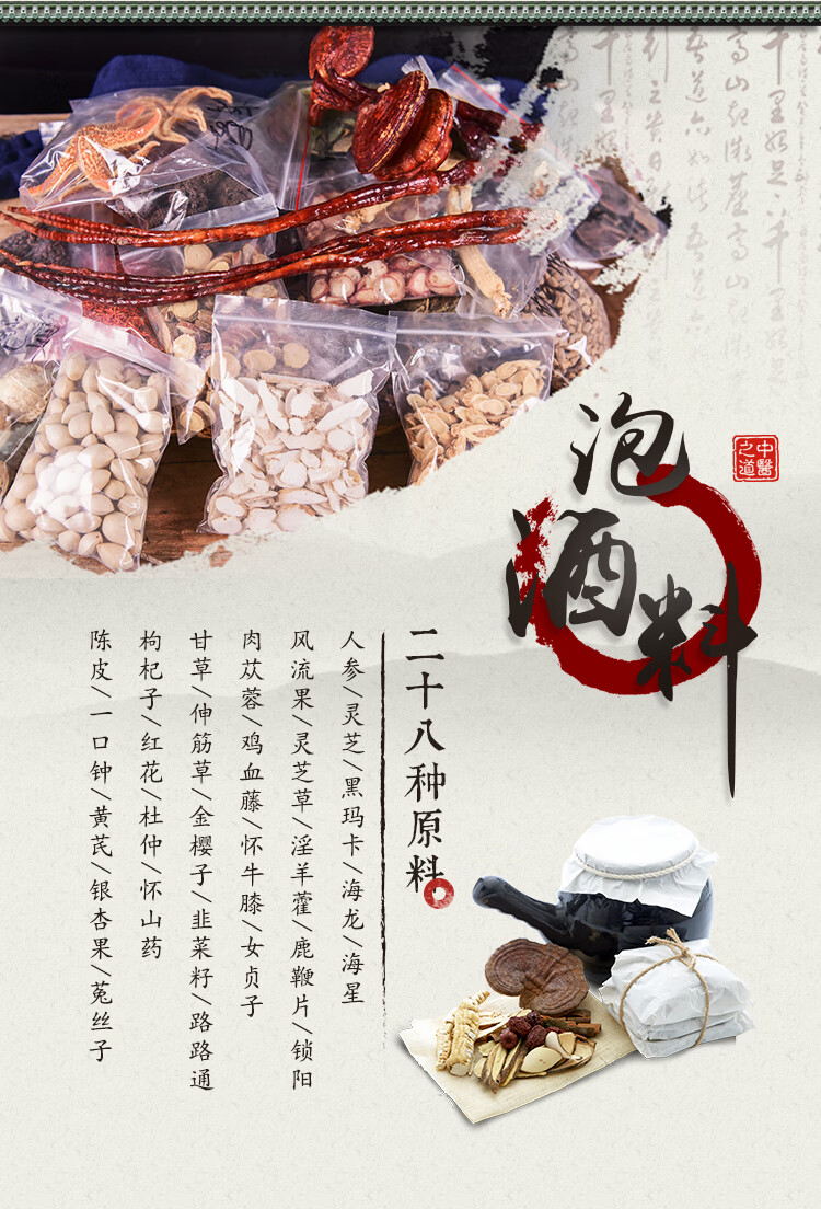 泡酒料男性养生滋补酒28味人参玛卡枸杞中材酒450g