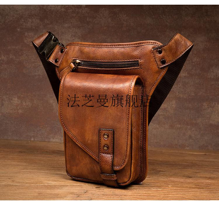 腿包机车多功能防水慢时光植鞣牛皮斜挎包男包真皮腰包纯手工擦色胸包
