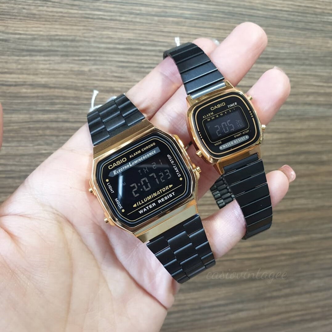 西欧【炫酷反显黑金】小金表 钢带防水情侣手表男女a168wegb-1b la670