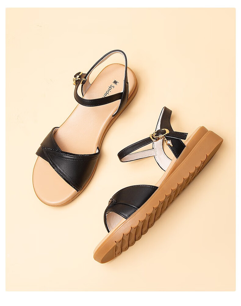 蜘蛛王女凉鞋2022夏季坡跟真皮妈妈鞋女士休闲平底婆婆鞋01052黑色38