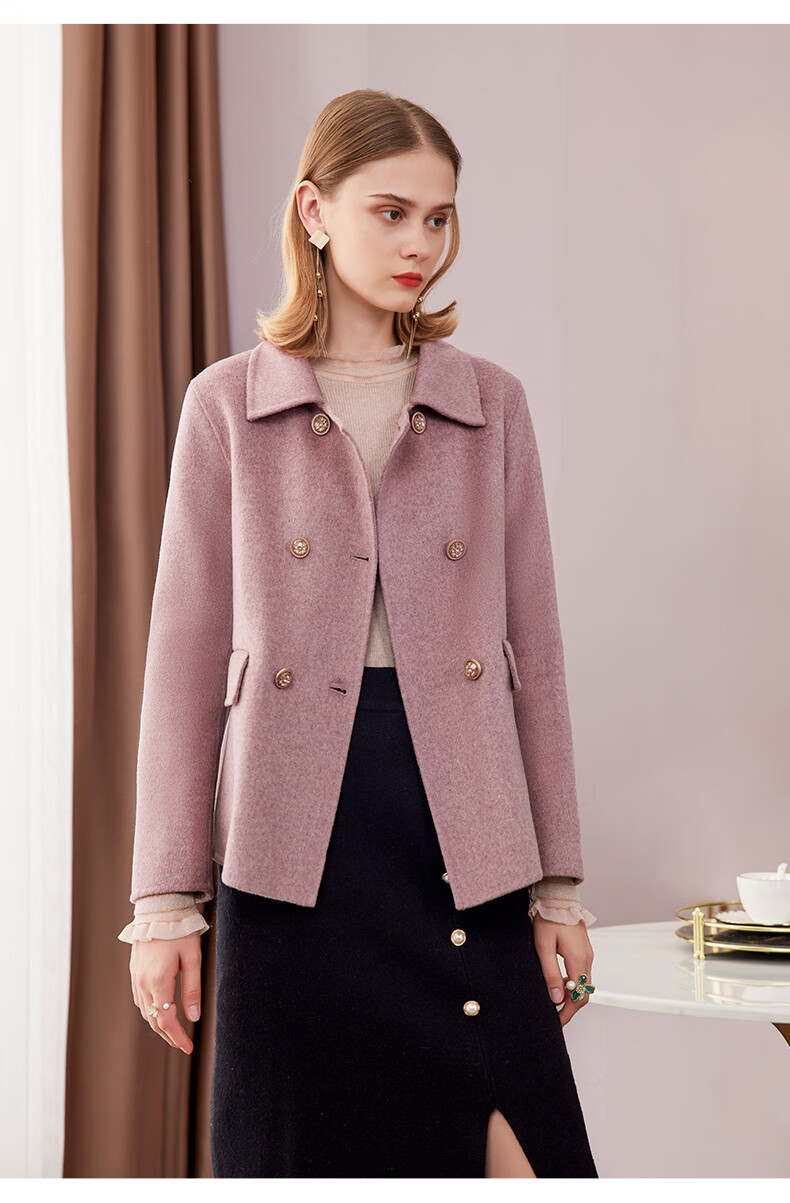 亦朵秋冬季款双面羊绒大衣女2021年新款小个子短款毛呢小外套浅绯色m