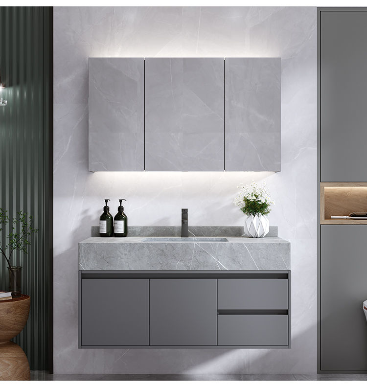 岩板一体盆现代简约浴室柜组合洗脸洗手池卫生间洗漱台盆储物镜柜岩板