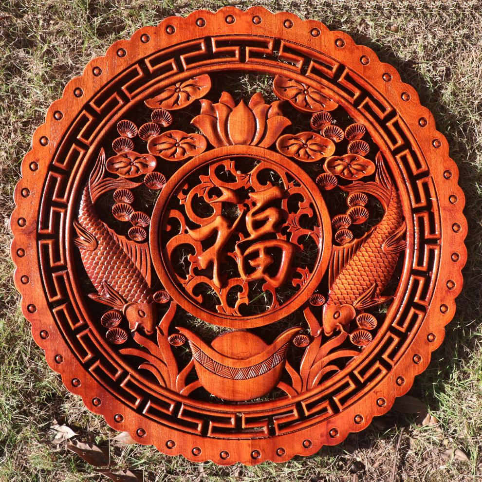 实木福字木雕挂件香樟木壁挂客厅圆形墙饰中式定制装饰画中堂58cm家