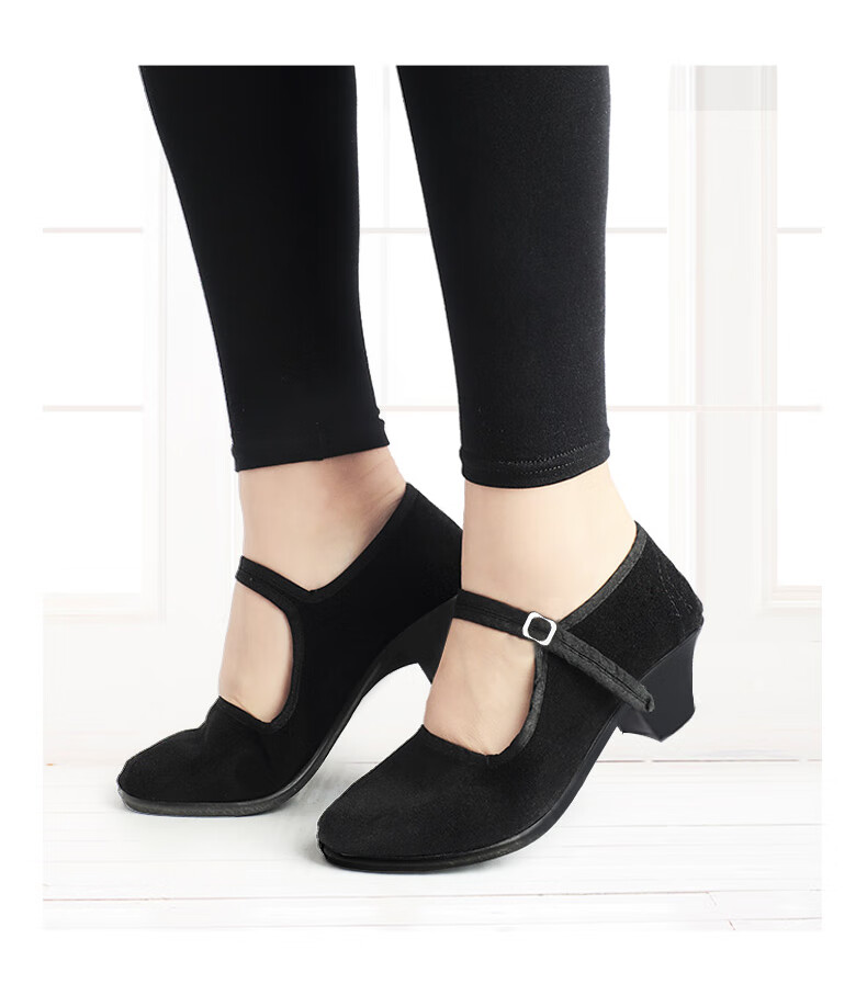 民族秧歌舞蹈鞋黑色民族舞鞋女舞蹈黑跟鞋考级专用东北民间黑布鞋