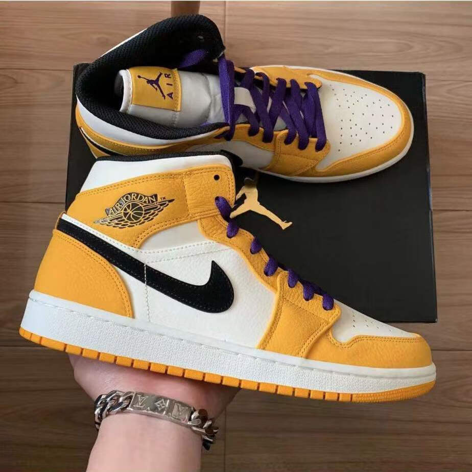 air乔1mid湖人紫黄男女同款休闲运动中帮篮球鞋852542700紫黄头层皮高