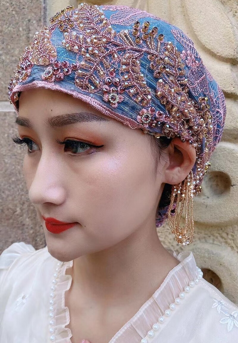 绿野客 回族头巾 穆斯头巾蚕丝真丝帽新款纱巾回族帽子盖头女士串珠