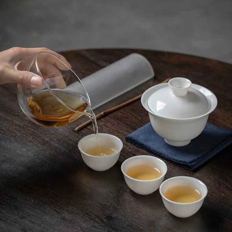 潮汕功夫茶高温超簿白玉令盖碗大中小茶具号茶杯套装溥畔 【中号盖碗