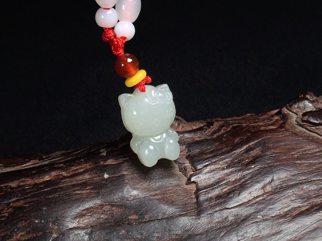 逸阅堂天然和田玉kitty猫挂件 和田玉白玉小萌猫吊坠 玉石玉坠 约20*