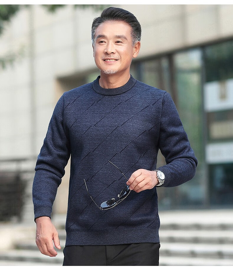 秋冬季老头衣服老爷爷毛衣老人家中老年男加绒加厚圆领保暖针织衫冬装