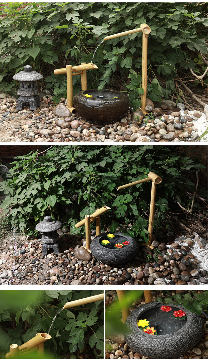 石斋御景户外石钵流水景观日式禅意惊鹿竹子流水庭院山水创意水盆石槽