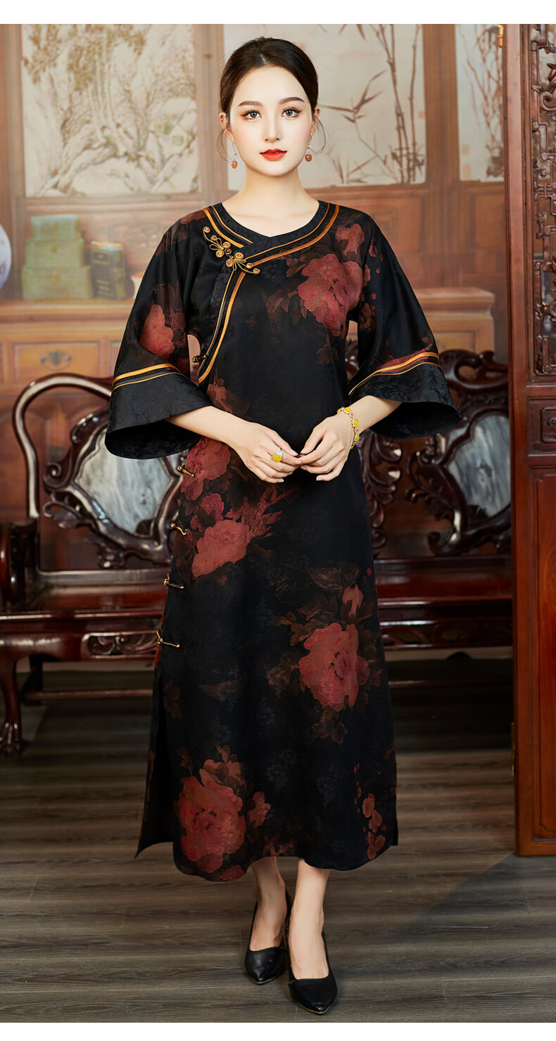 华族经典真丝香云纱重工奢华传统古法平裁倒大袖一片式无省旗袍女 120