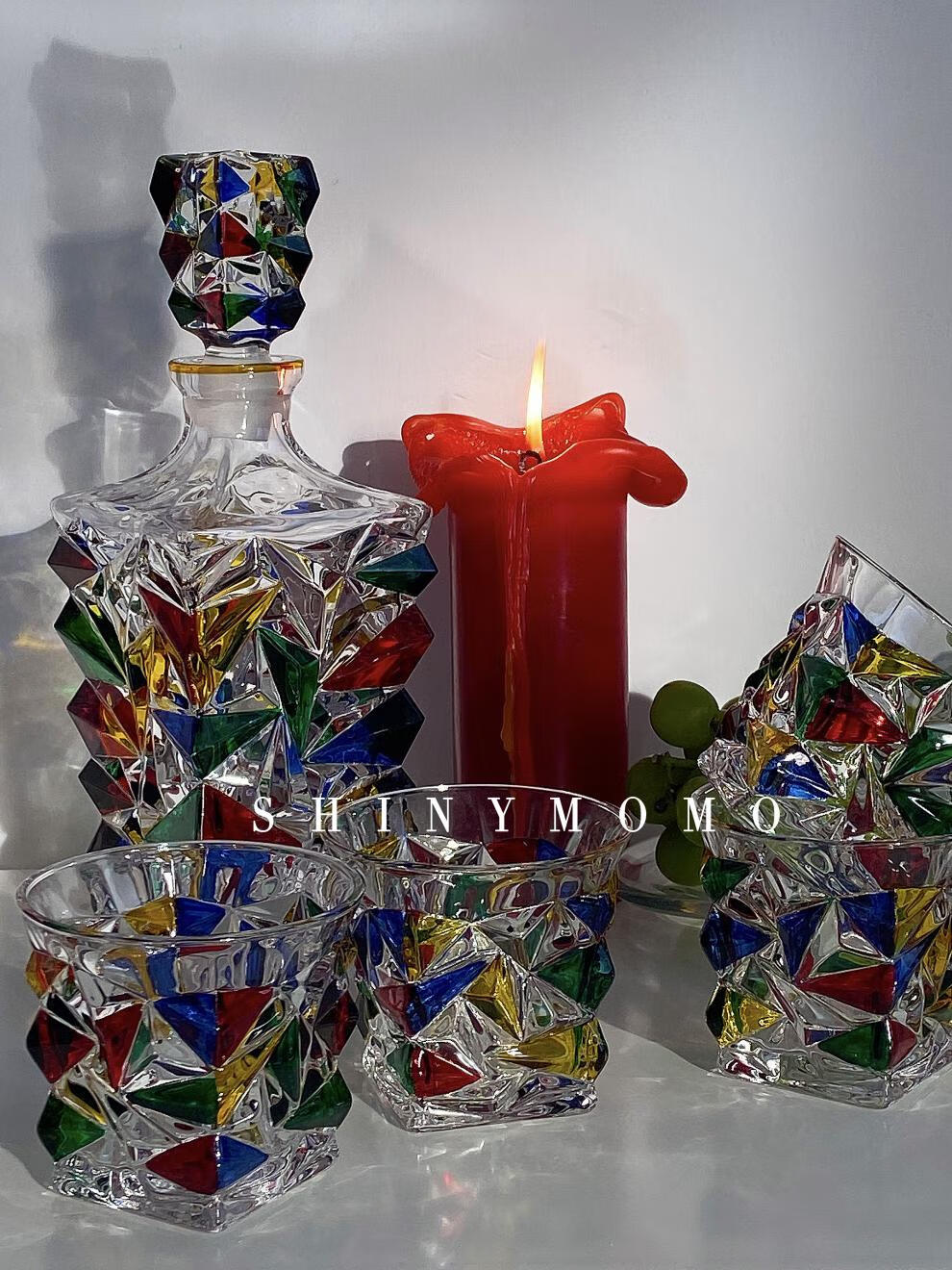 玻璃杯香槟红酒杯水杯冰块透明宝石纹理装饰杯现货手绘彩色玻璃瓶1个