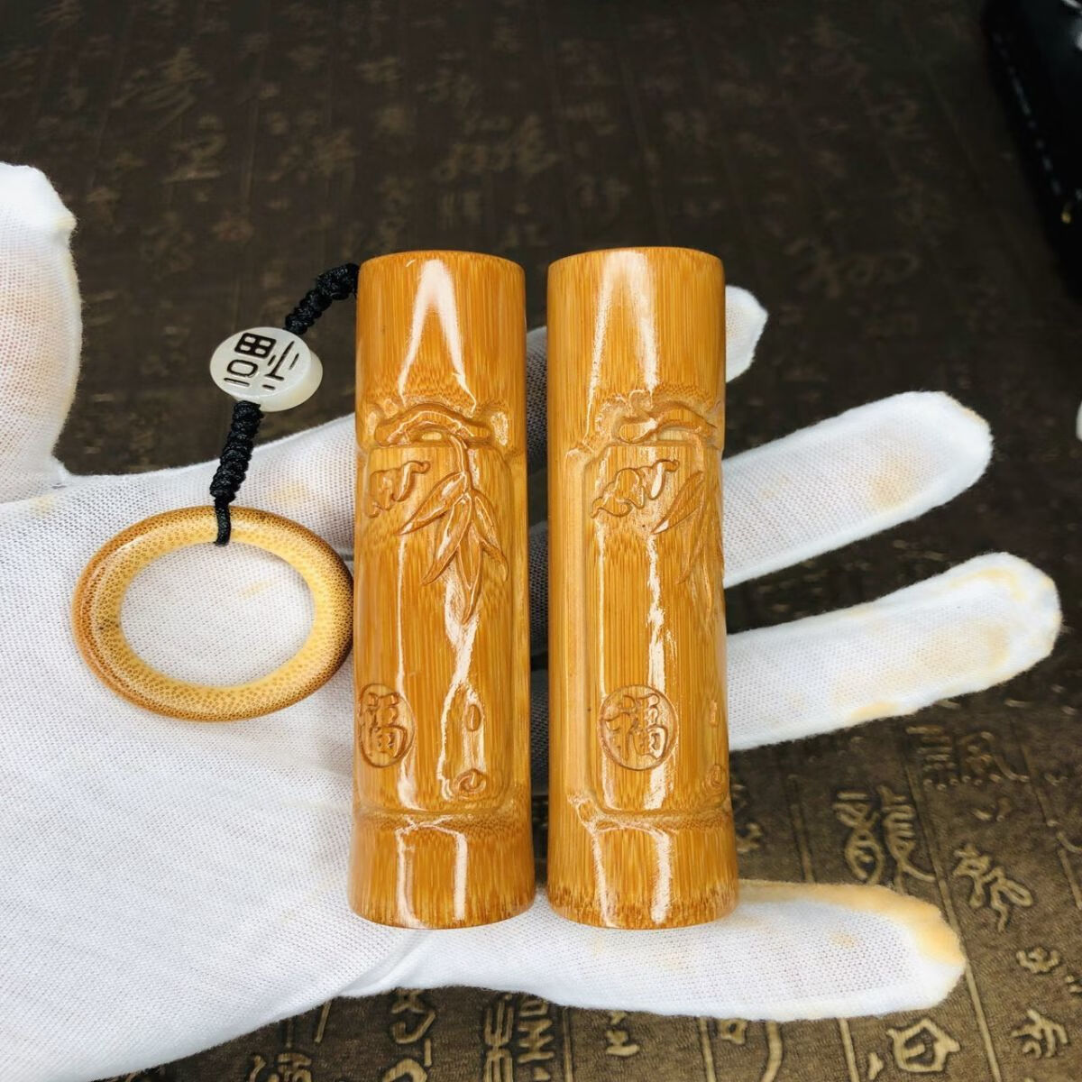 实心竹玉竹浮雕立雕刻字挂件配饰手把件把件批量钥匙挂件文玩 无竹环