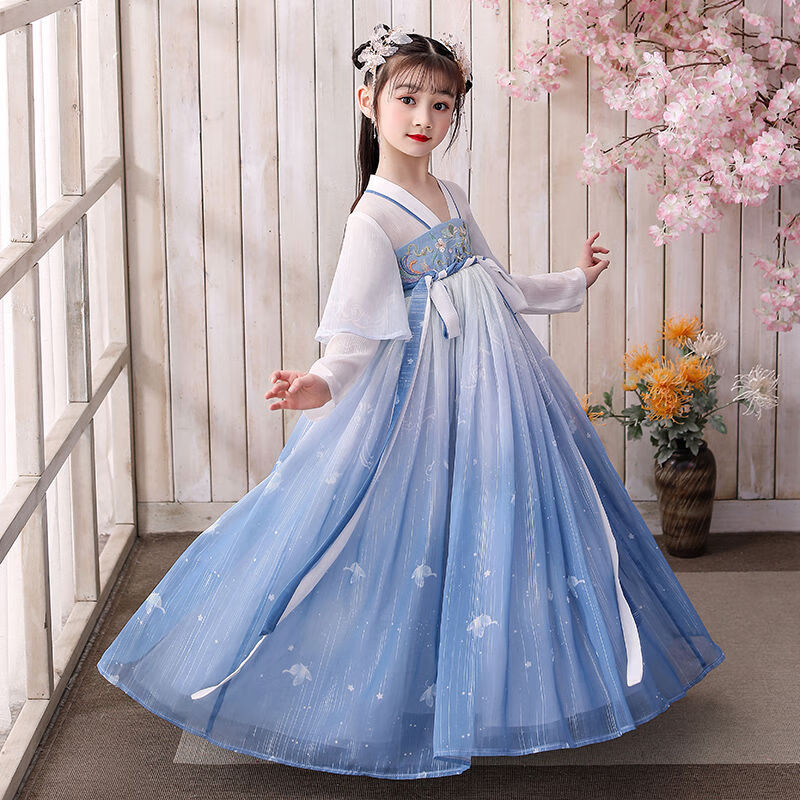 汉服秋季儿童古装女古筝演出服超仙10岁女孩小学生表演服中国风蓝色