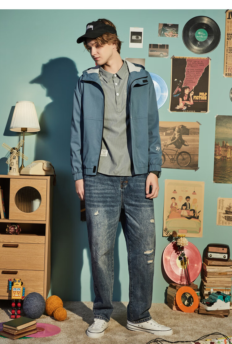 快鱼时尚休闲外套男装2020秋季新款韩版潮流ins学生连帽夹克男kf 黑色