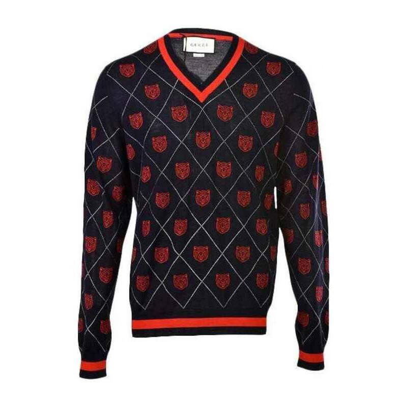 古驰gucci毛衣男士奢侈品海军蓝色菱形图案套衫4703m
