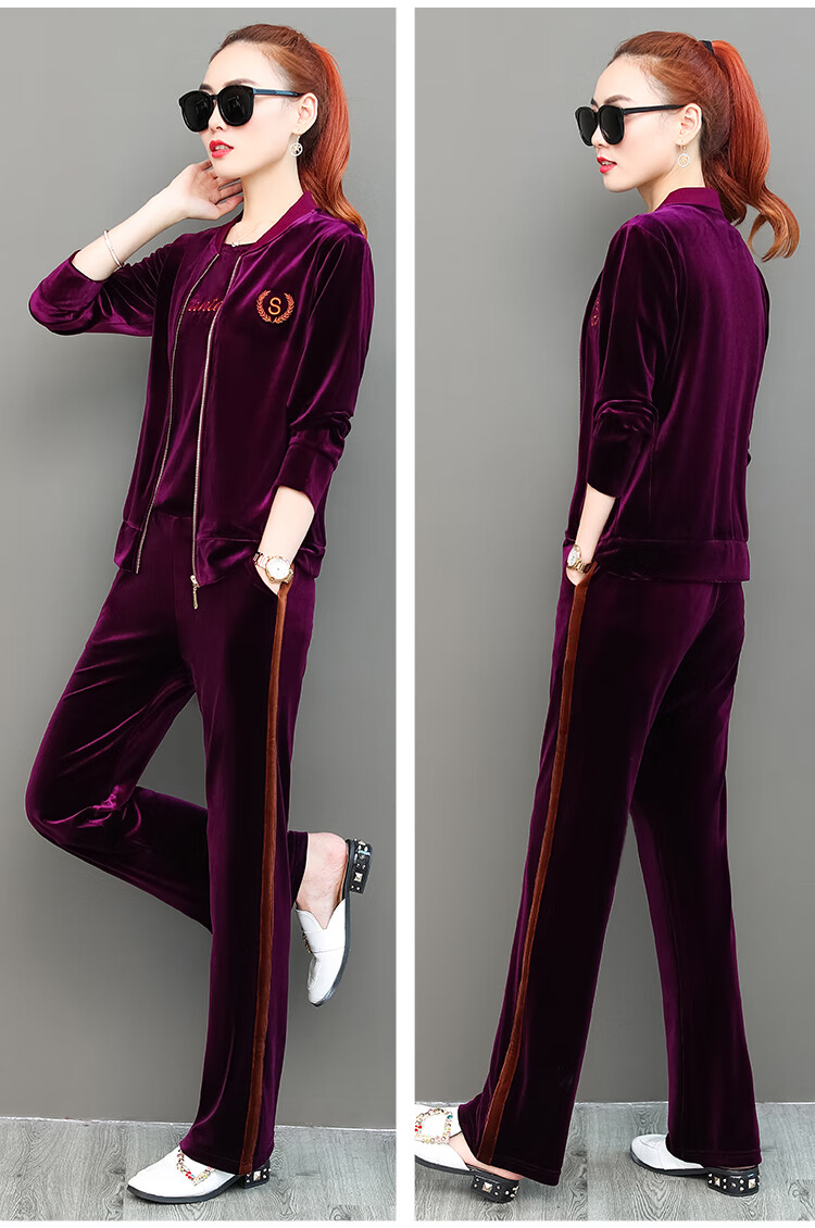 布雷维格 品牌运动服休闲套装女春秋新款高端金丝绒开衫棒球领长袖