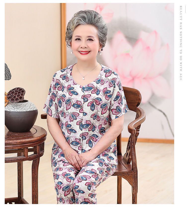精选老太太妈妈装夏装棉绸套装短袖中老年人女装老人衣服奶奶装两件套