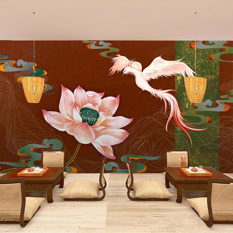 墙纸中国风禅意莲花养生馆包房背景墙布茶室装修壁纸糯米胶和工具一套