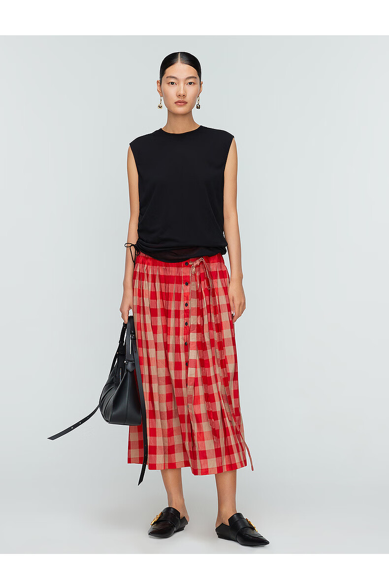 亚麻桑蚕丝混纺marisfrolg玛丝菲尔格纹气质小众设计感中长款a型半身